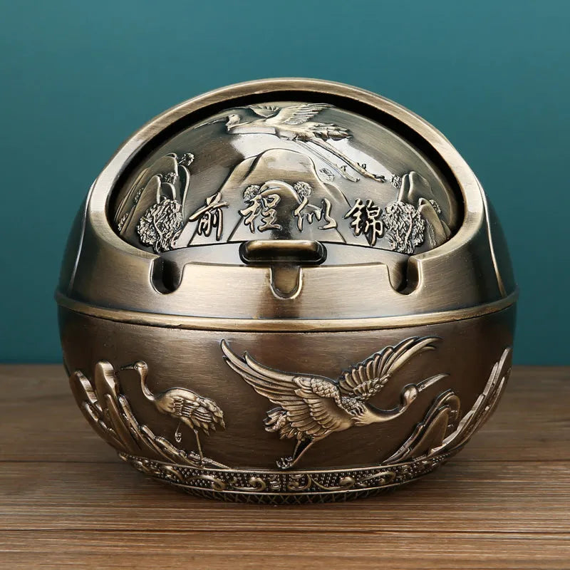 Alloy ashtray with smoke extinguishing slot in bronze finish, featuring Dragon and Phoenix motif, S size