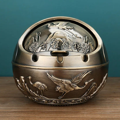 Alloy ashtray with smoke extinguishing slot in bronze finish, featuring Dragon and Phoenix motif, S size
