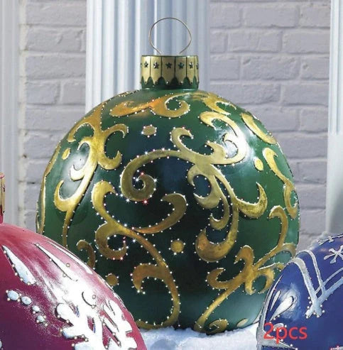 Vibrant, inflatable Christmas ornaments in various holiday designs for outdoor decoration