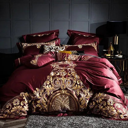 Embroidered Chinese cotton quilt cover in grey or red with plant and flower pattern for 1.8m 6ft bed
