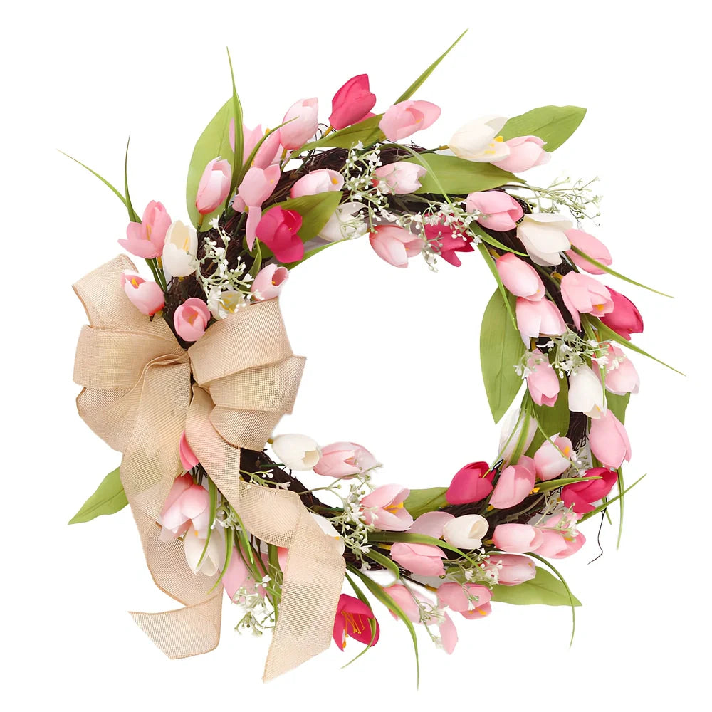 Two-colour tulip wreath measuring 45cm diameter with 11cm depth, seasonal floral garland for Valentine's Day and Easter decoration