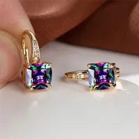 Square zircon inlaid ear hook earrings with geometric design and electroplated finish in golden tone