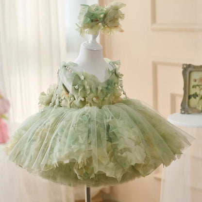 FARCENT girls' princess dress in green champagne colour with French entry lux pearl decorative details