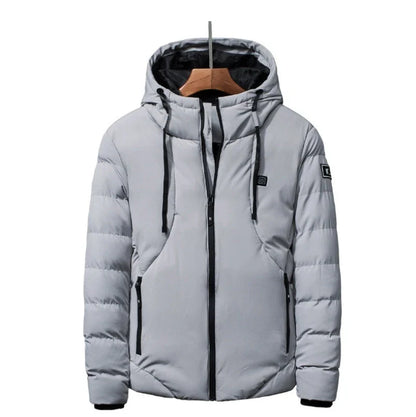 Electric heated down jacket with USB-powered heating system, available in grey, black, and army green colors, sizes M to 7XL
