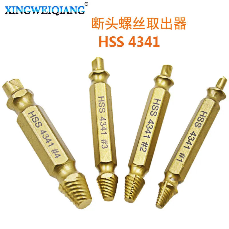 4341 high-speed steel screw extractor set with multiple sized tools on a workbench.