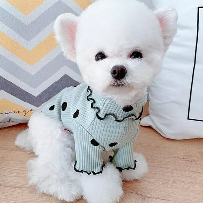 Polka dot turtleneck dog shirt in cotton, available in yellow, pink, and green