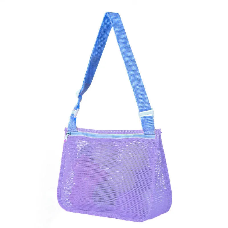 Blue children's travel storage organiser bag with nylon mesh construction and shoulder strap