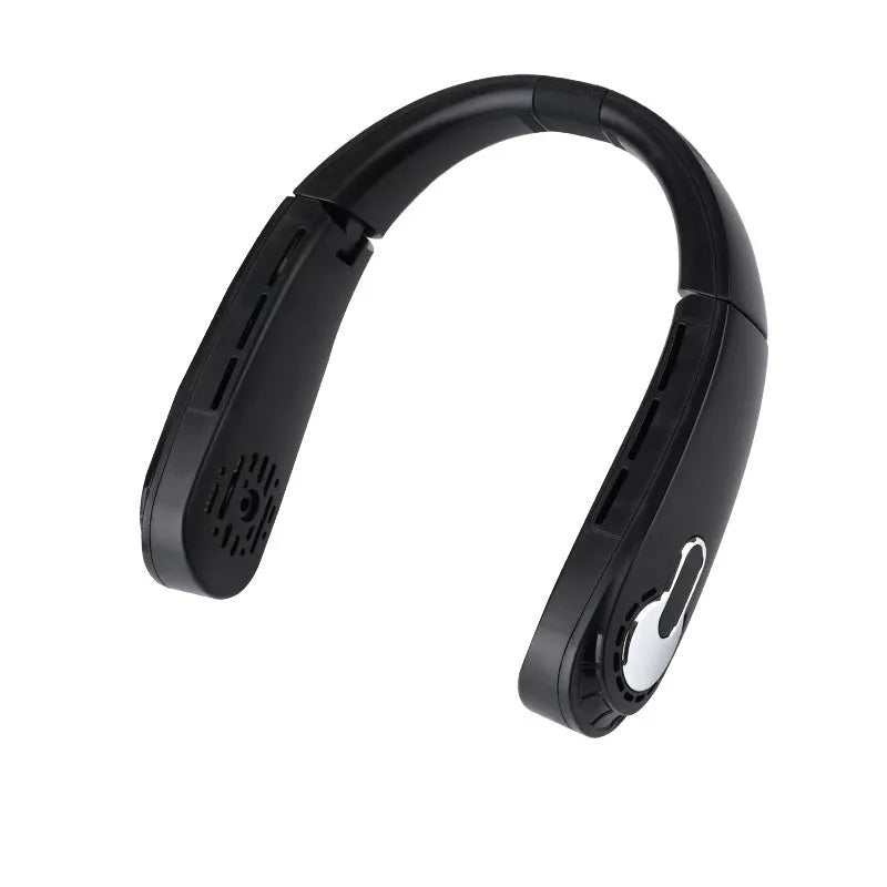 USB-powered leafless halter fan in classic black with adjustable neck strap