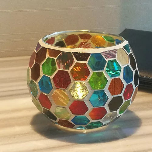 Mosaic glass candle holder in vibrant colors with elegant mosaic pattern