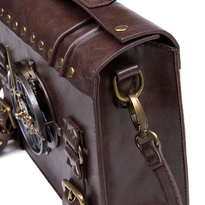 Bronze steampunk industrial retro style PU leather shoulder bag with metal details and a square pillow shape.