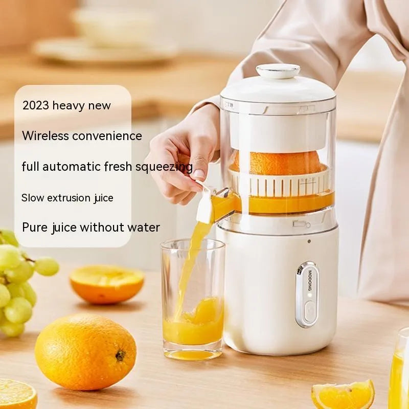 Fresh green portable electric juicer with USB charging cable and orange on a wooden table