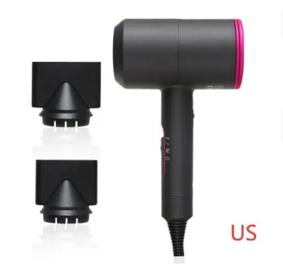 Black hotel hair dryer with 2.5m cable, concentrator nozzle, and multiple international plug adapters