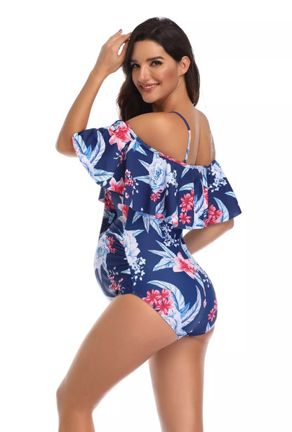 Blue printed maternity swimsuit with stretch polyester fabric for expectant mothers