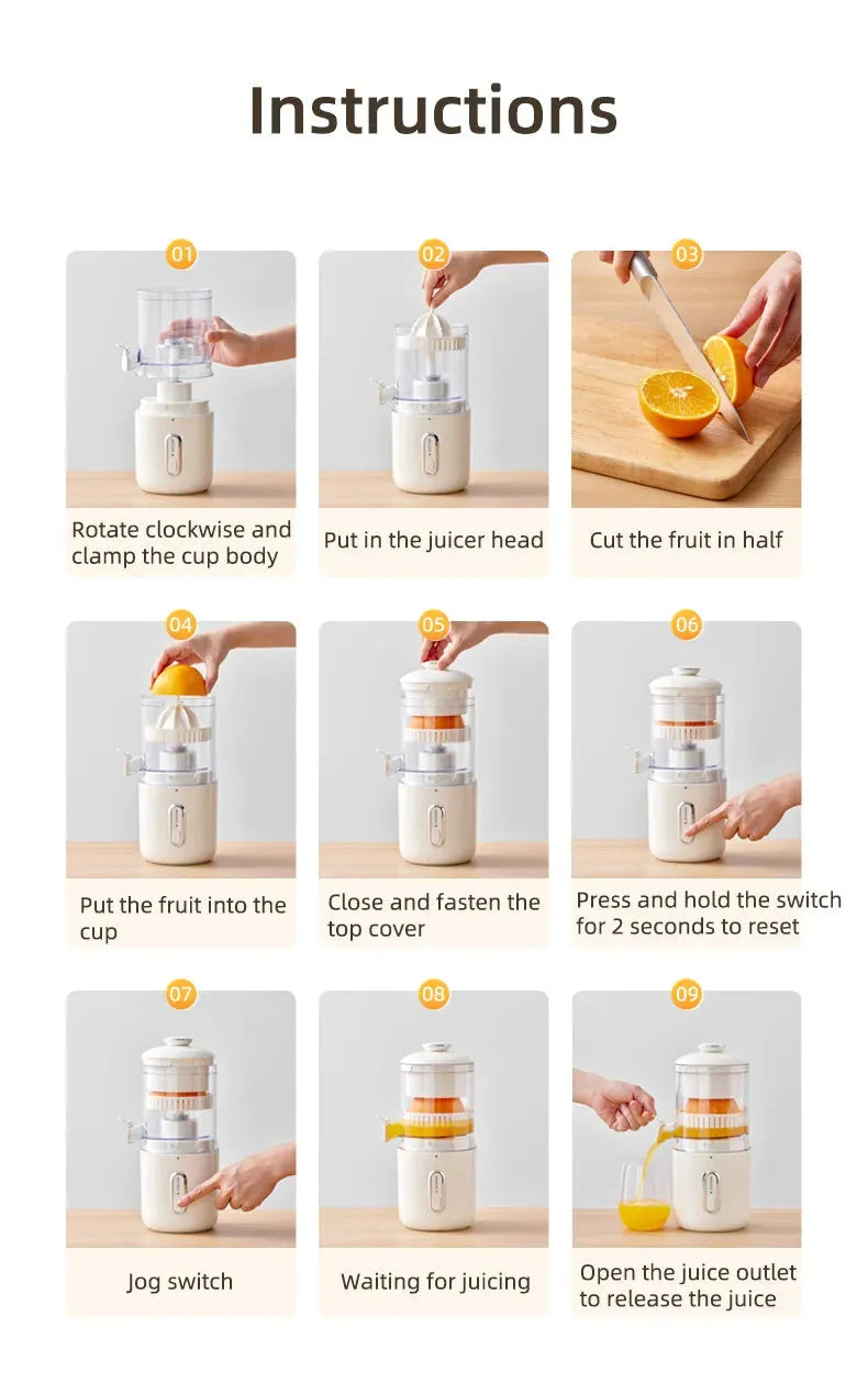 Fresh green portable electric juicer with USB charging cable and orange on a wooden table