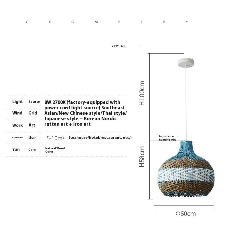 Vine woven pendant lamp for living room, dining room, or hotel homestay, featuring a Silent Wind style woven rattan shade with an integrated 8W 2700K warm white LED light source, available in 30cm, 40cm, or 50cm diameter options.
