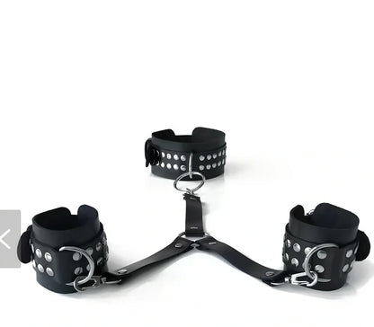 Black leather backhand neckcuffs showing adjustable 40-48cm neck strap and 20-25cm wrist connectors