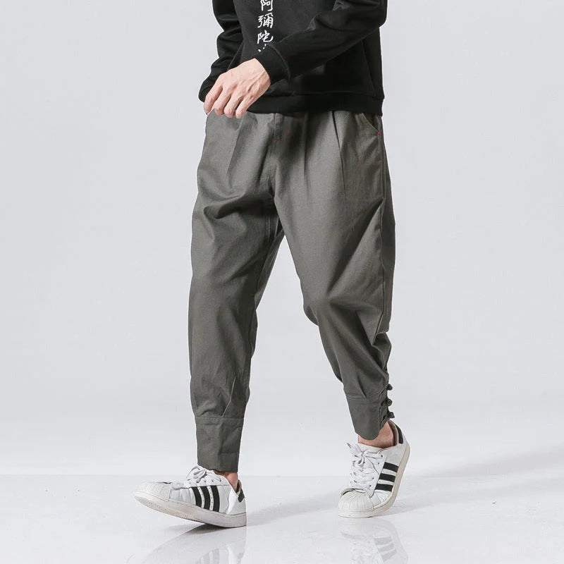Men's cotton blend Chinese style casual pants in black, blue, and gray