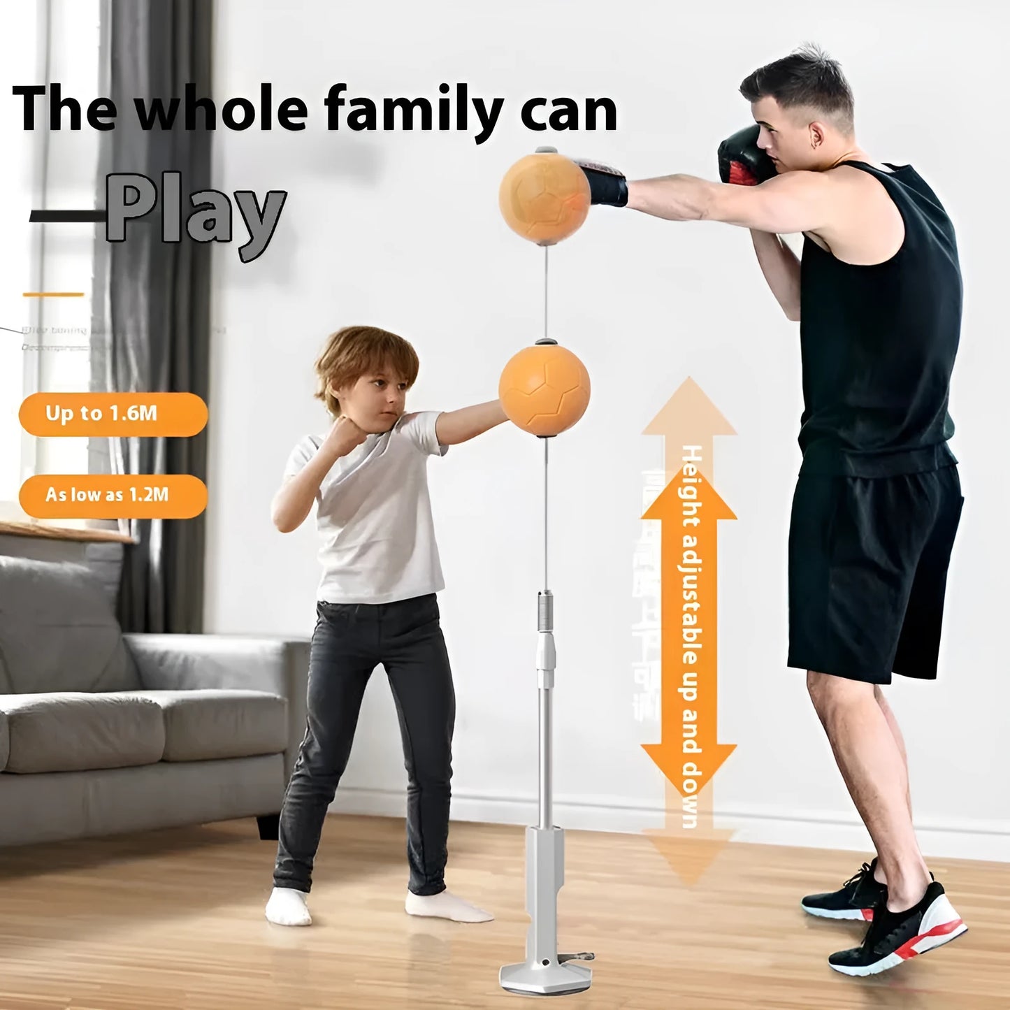 Vertical boxing reaction speed ball with roly-poly base and focus mitts in orange and grey colour options