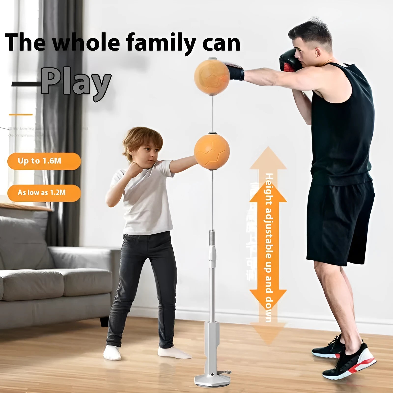 Vertical boxing reaction speed ball with roly-poly base and focus mitts in orange and grey colour options