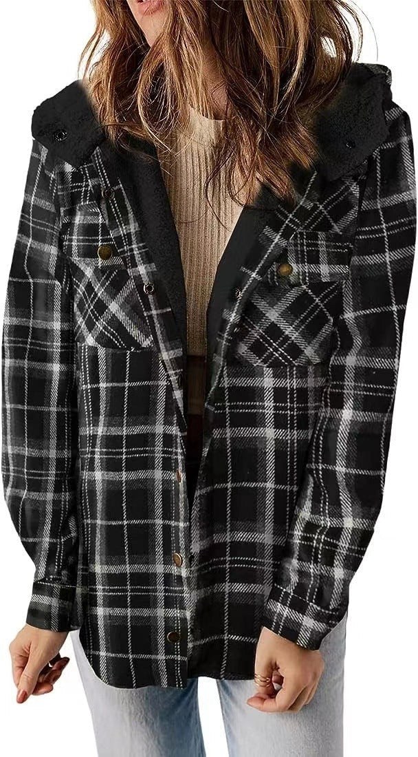 Casual Plaid Hooded Woolen Coat with fleece lining in various colors