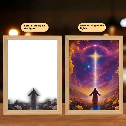 Handmade rectangular light painting photo frame showing a choice of artwork, with USB cable, in modern simplicity style.