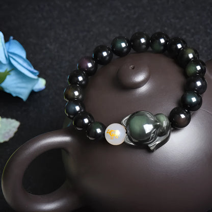 Natural obsidian beaded bracelet with 10mm stones in gold, silver, or black style.
