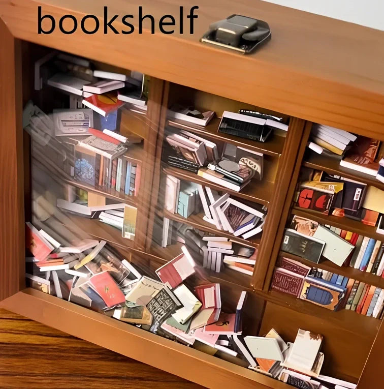 Wooden antique finish bookshelf ornament with 200 small books, 25.4 cm tall for decompression