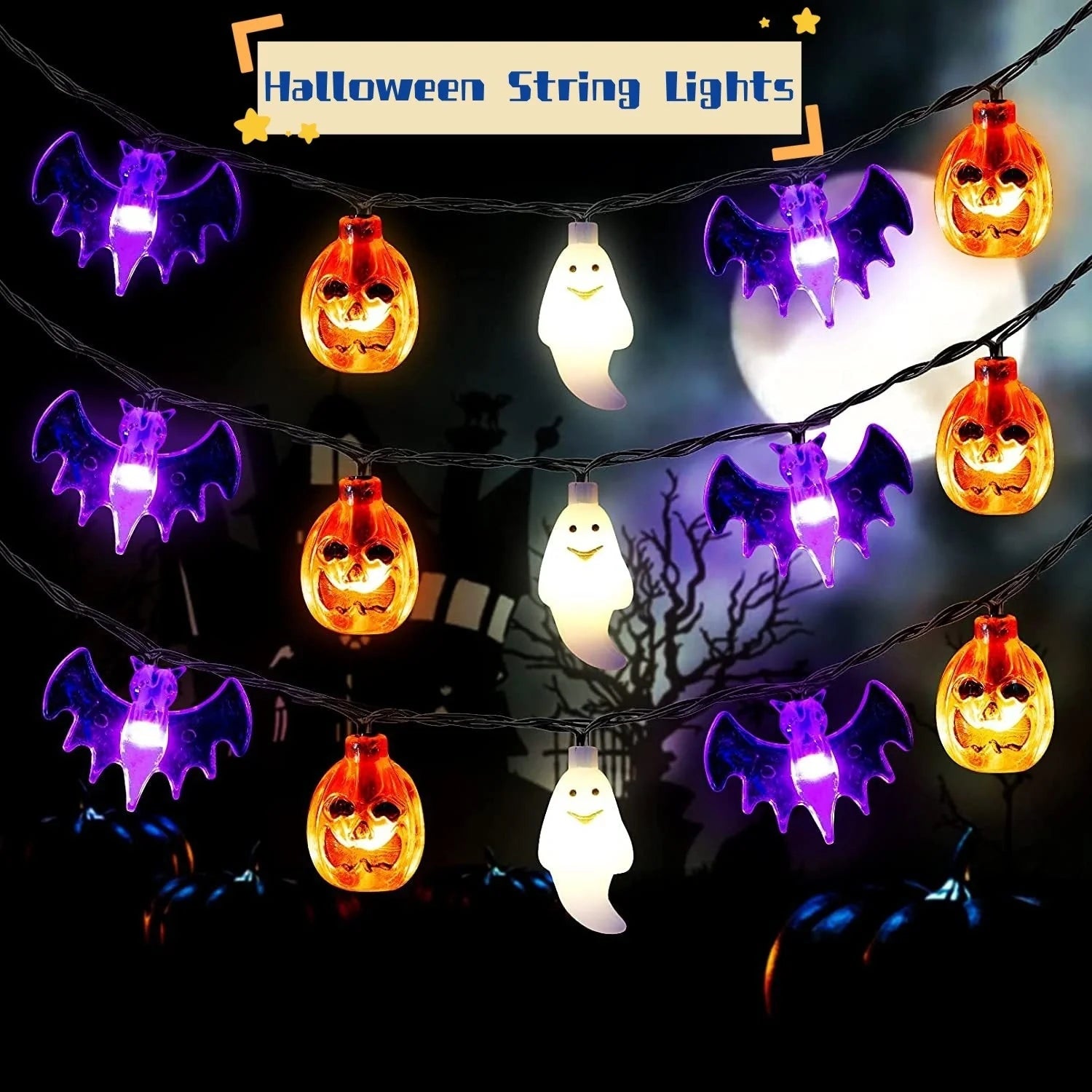 LED Halloween string lights with pumpkin, spider, bat, and skull designs for indoor and outdoor decor