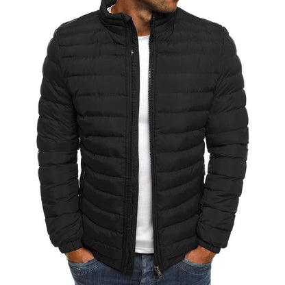 Warm padded winter jacket for men in various solid colors, featuring zippered pockets and a loose, comfortable fit for easy layering.