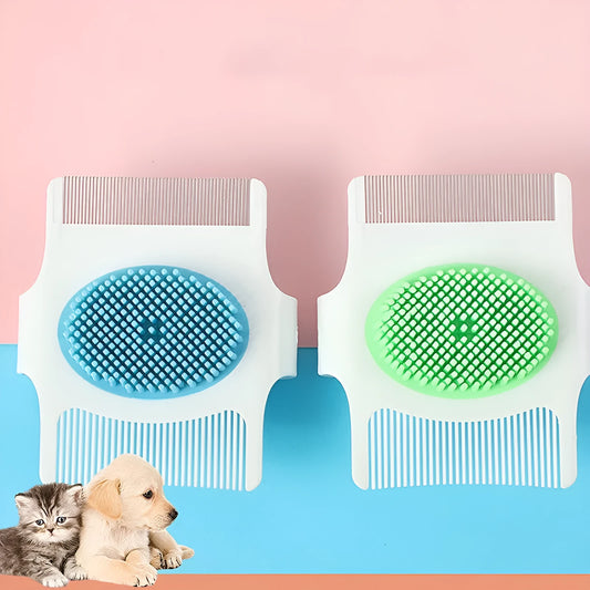 Blue and green multifunctional pet comb with floating hair removal bristles and massage nodes.
