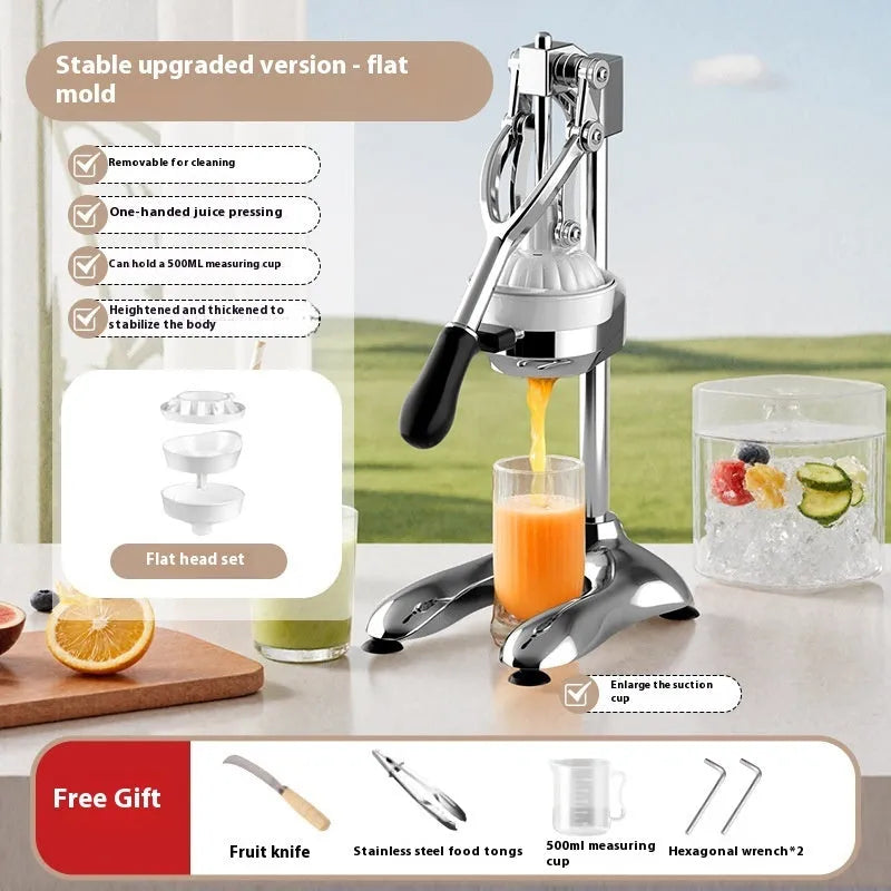 Manual orange juice juicer with stainless steel construction showing 480cm height and disassembled components