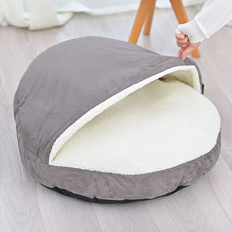 Brown removable cloth dog kennel with washable cover shown beside grey version, both in S and M sizes
