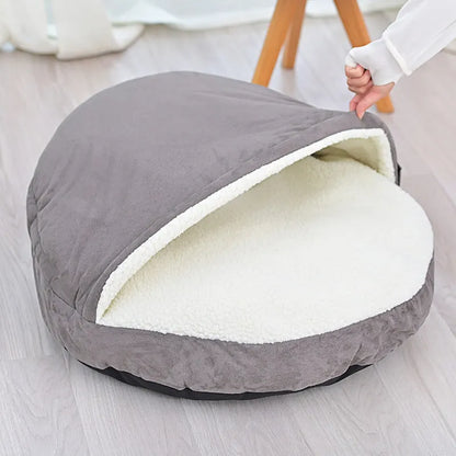 Brown removable cloth dog kennel with washable cover shown beside grey version, both in S and M sizes