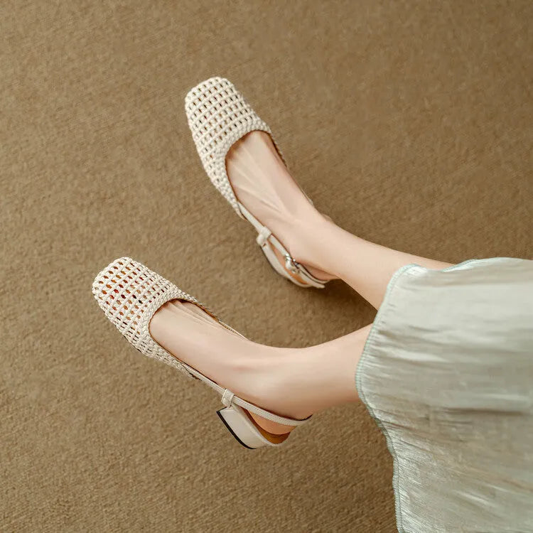 Women's woven hollow-out closed toe sandals with buckle strap and chunky heel