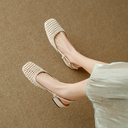 Women's woven hollow-out closed toe sandals with buckle strap and chunky heel