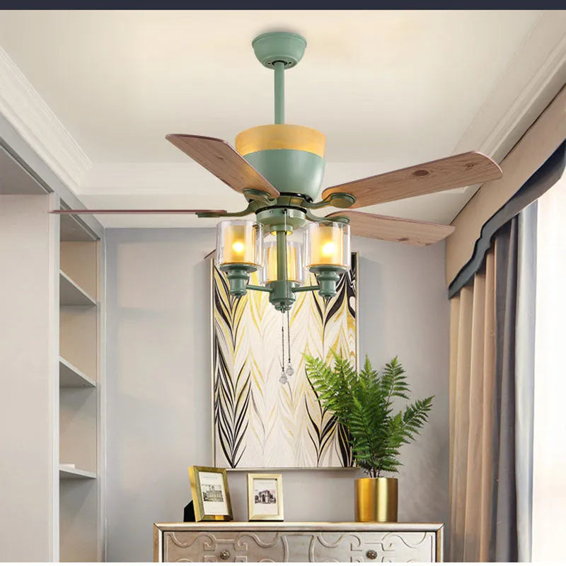 Dark green 120cm ceiling fan lamp with iron, glass and wood leaf construction and three E27 light fittings