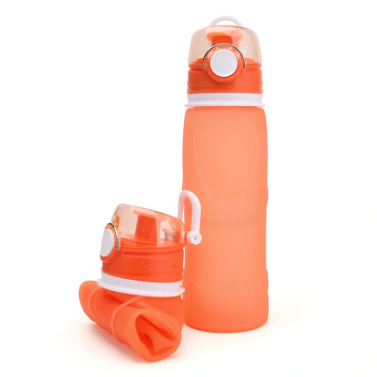 Orange silicone folding water bottle showing collapsed 7cm height and expanded 22cm height with 750ml capacity