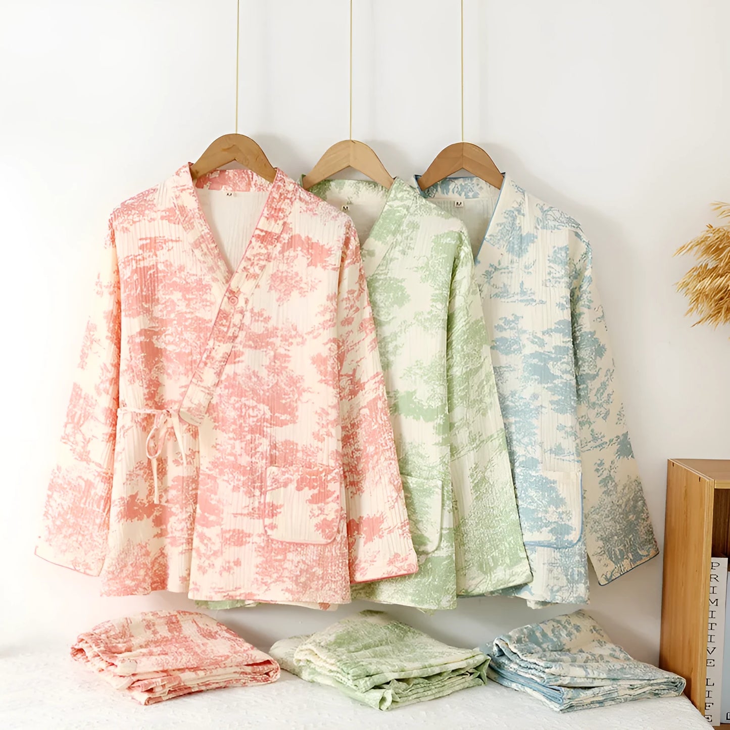 Women's pink pure cotton gauze long sleeve top and matching trousers lounge suit set.