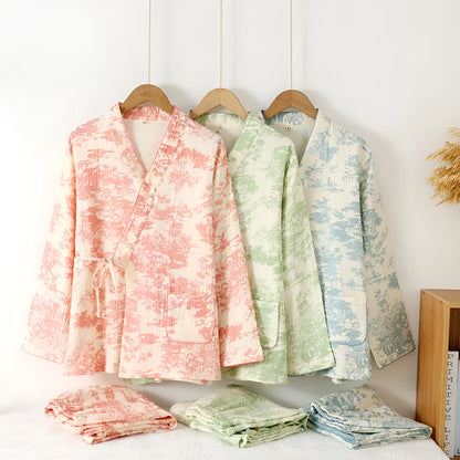 Women's pink pure cotton gauze long sleeve top and matching trousers lounge suit set.