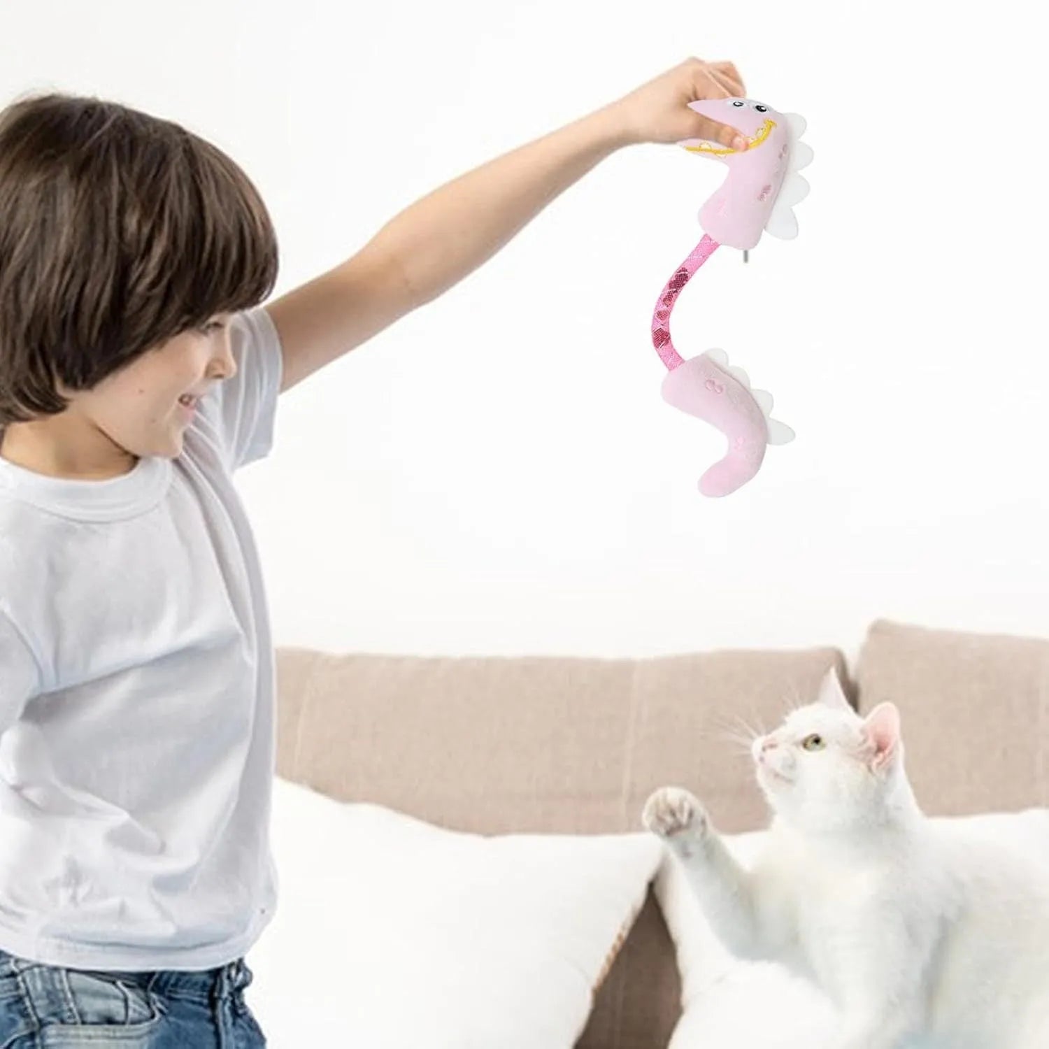 Set of four colourful plush cat toys: a fish, a mouse, a bunny, and a knotted rope, on a neutral background.