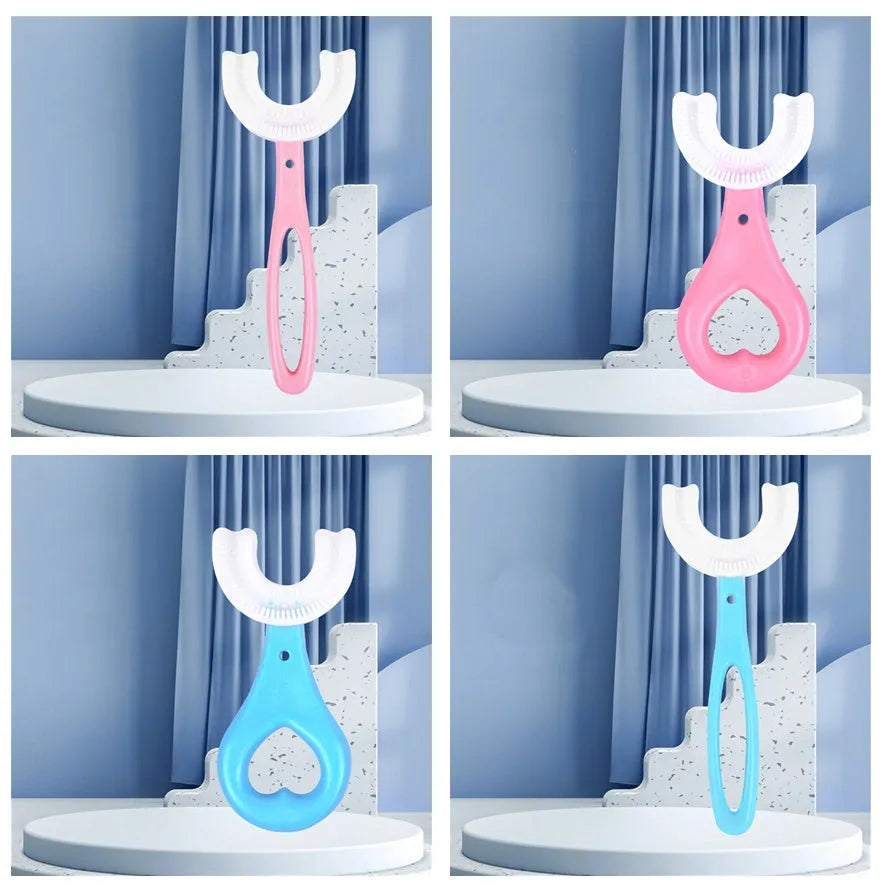 Children's U-shaped soft rubber toothbrush in pink and blue colours.