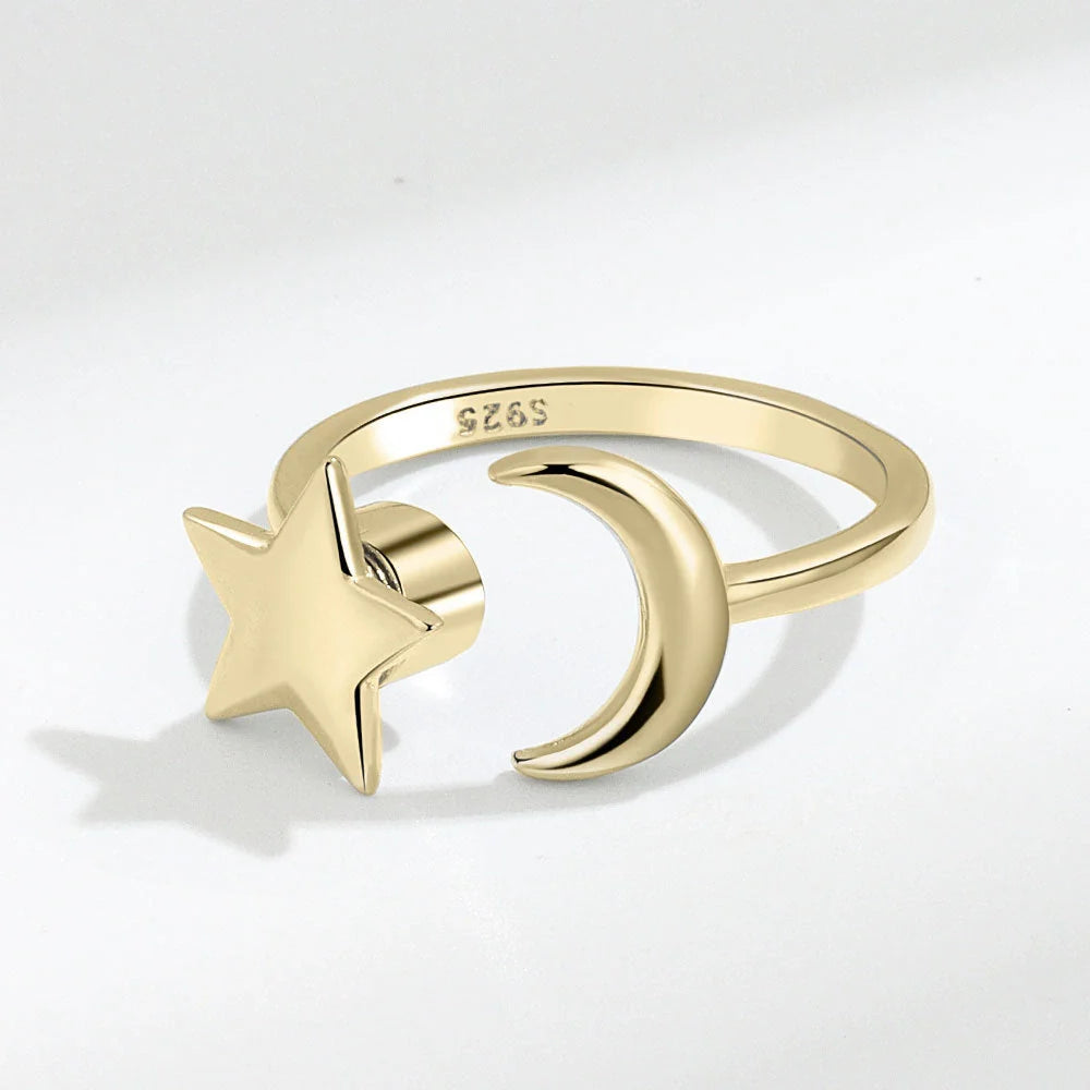 Adjustable Star-Moon Rotating Ring for Women in gold and white gold finishes