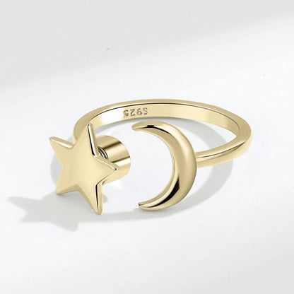 Adjustable Star-Moon Rotating Ring for Women in gold and white gold finishes