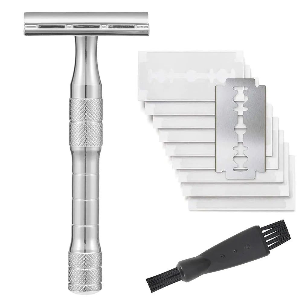 Traditional alloy double-edged safety razor with replaceable blades in choice of colours including black, silver, and rose gold.