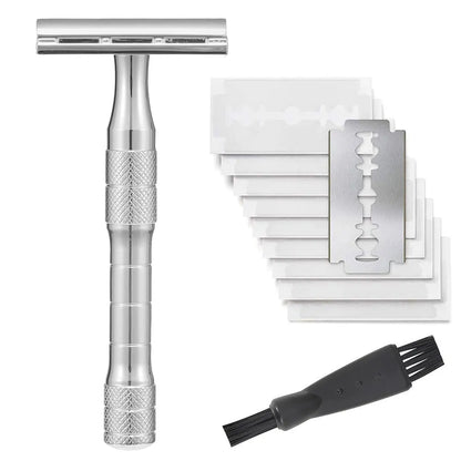 Traditional alloy double-edged safety razor with replaceable blades in choice of colours including black, silver, and rose gold.