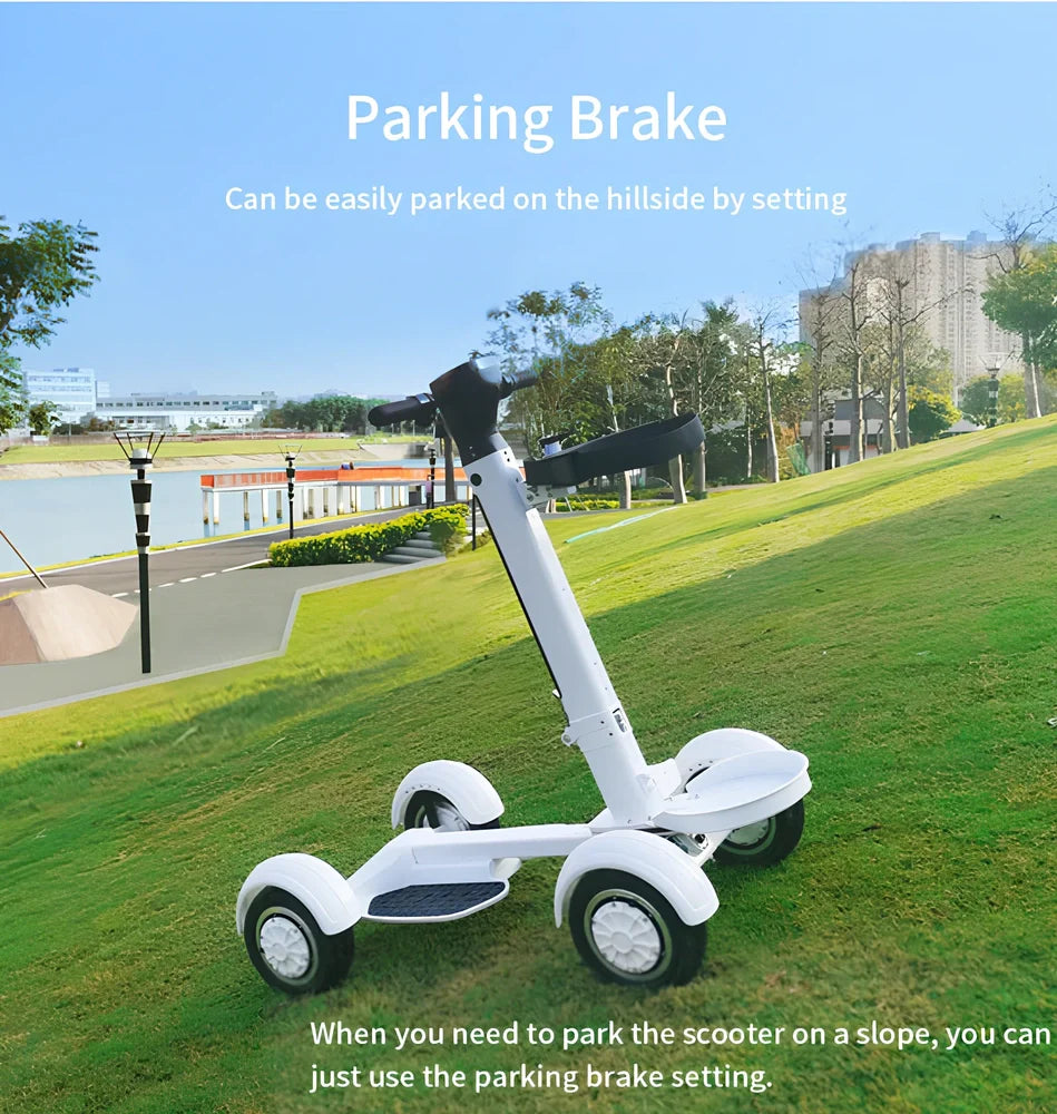 White four-wheel electric golf scooter with folding mechanism and aluminium alloy frame