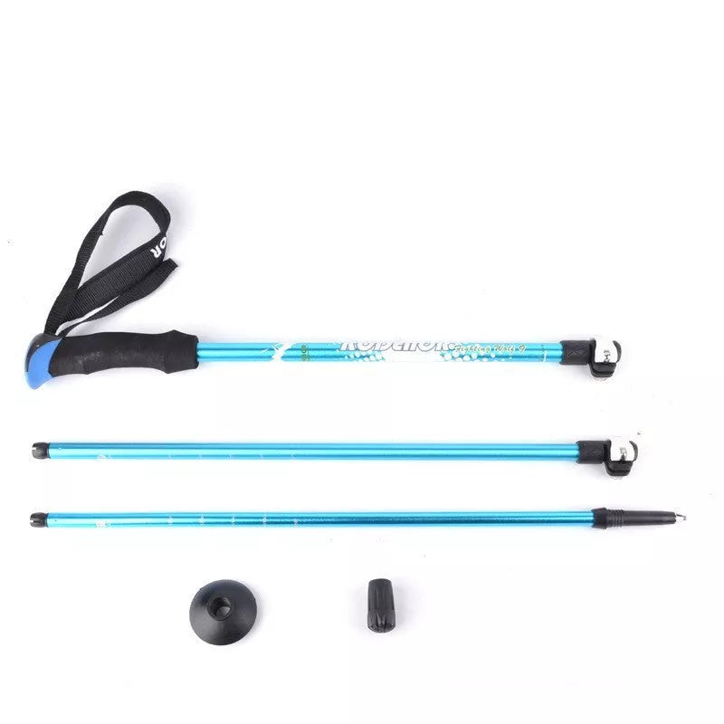 Adjustable aluminum alloy trekking pole in blue, green, or gold for hiking support