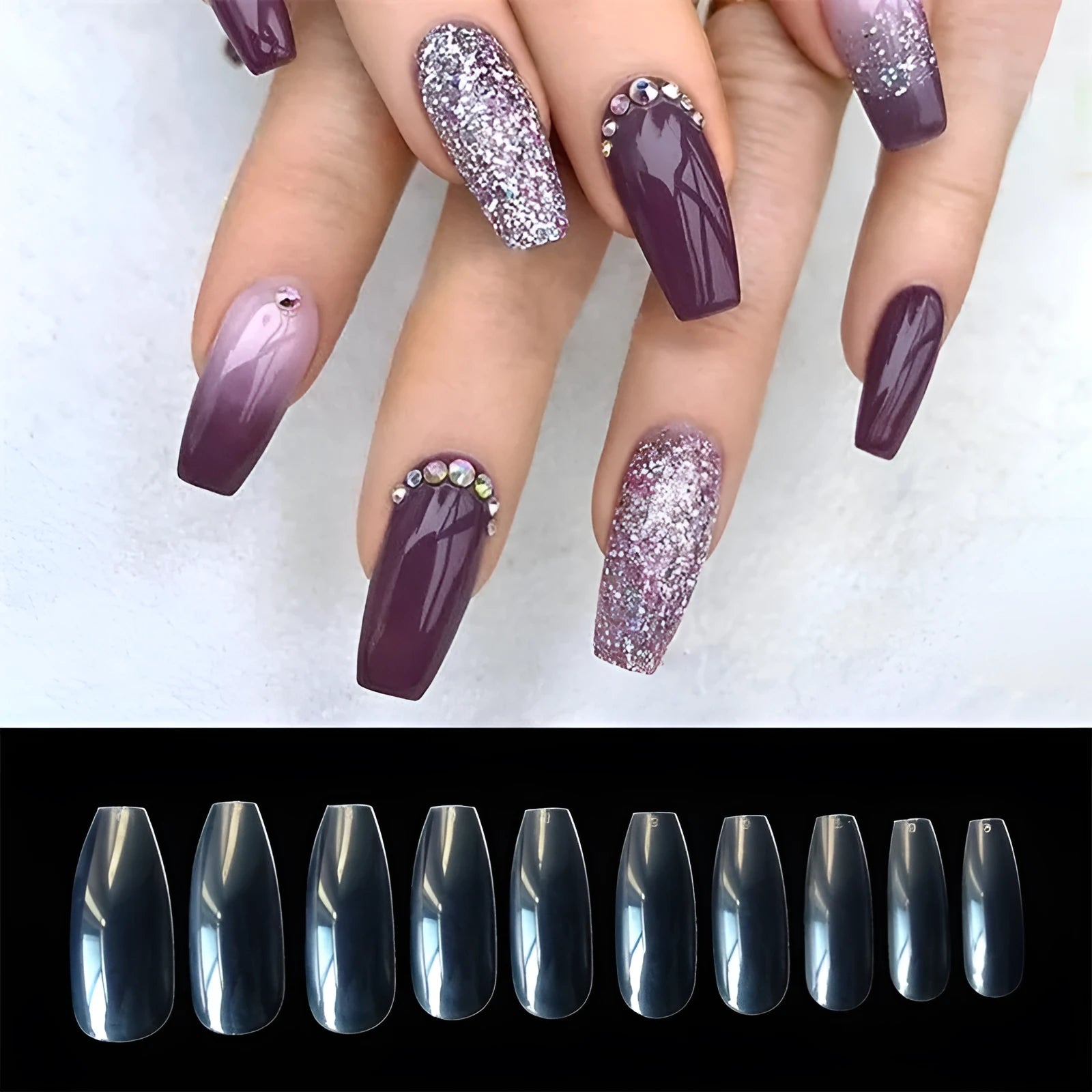 500 clear natural ABS artificial false nails in 10 different sizes for gel or acrylic application.
