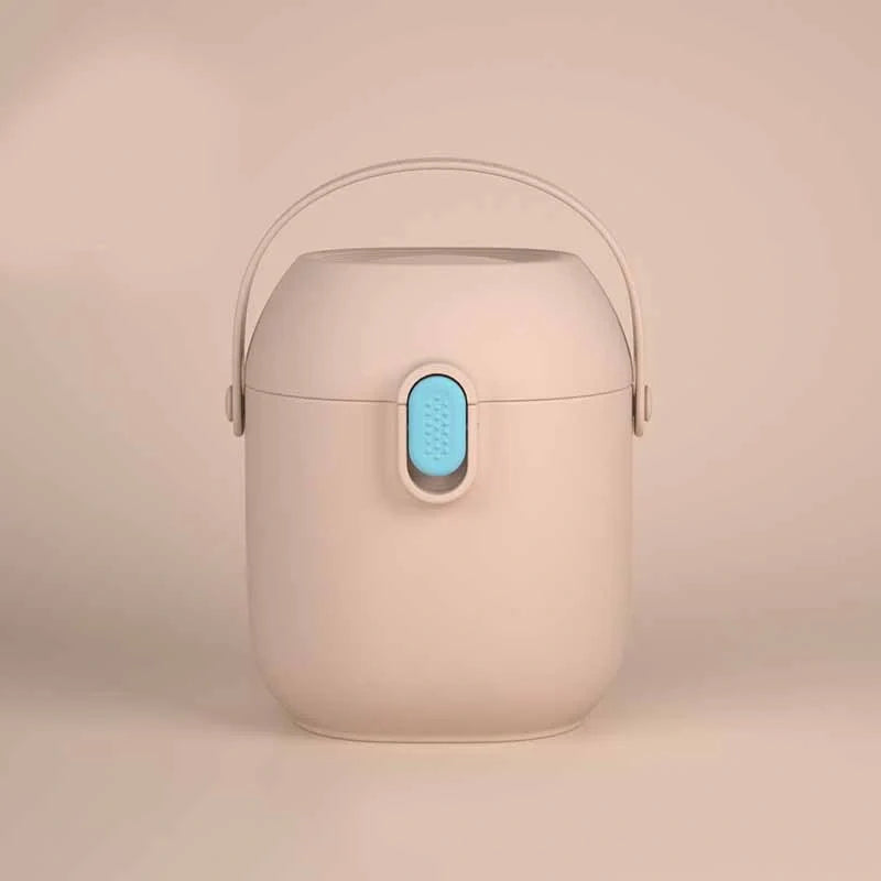 Airtight baby milk powder storage container with scoop in blue, green, and pink