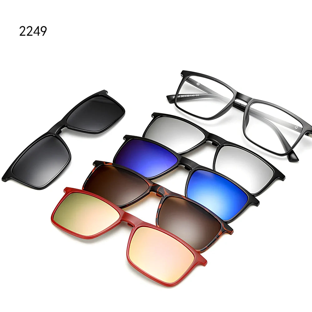 Magnetic sunglasses showing closure system with resin lenses and PC frame in multiple size options